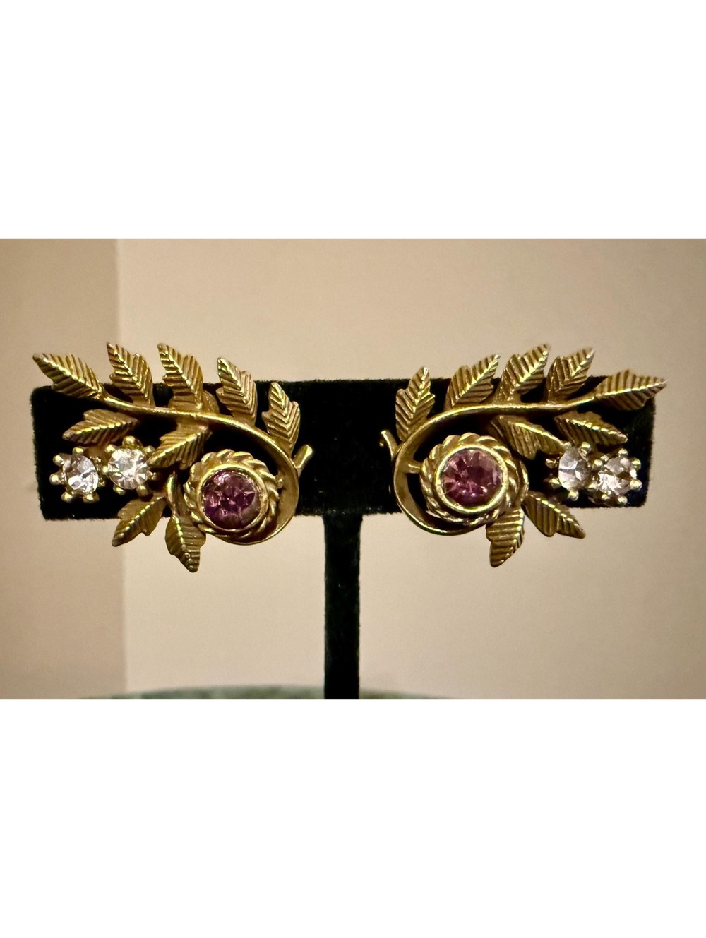 Vintage Coro Gold Tone Leaf Earrings | Pink Rhinestone Screw Back